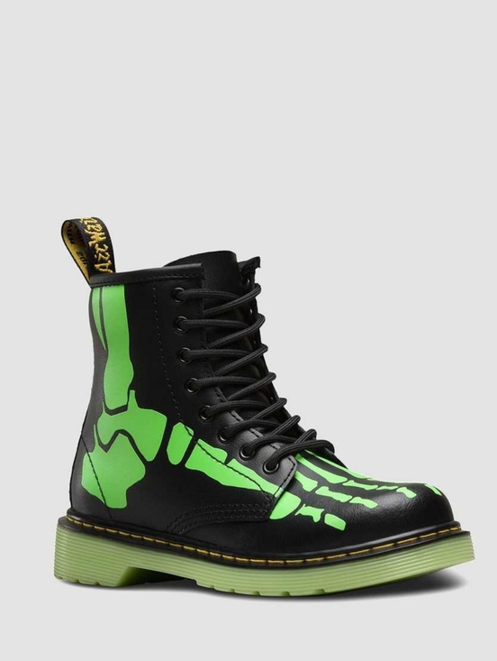 Dr. Martens Shoes - Dr. Martens Black and Neon Green Skeleton Lace-Up, Glow In The Dark Boots